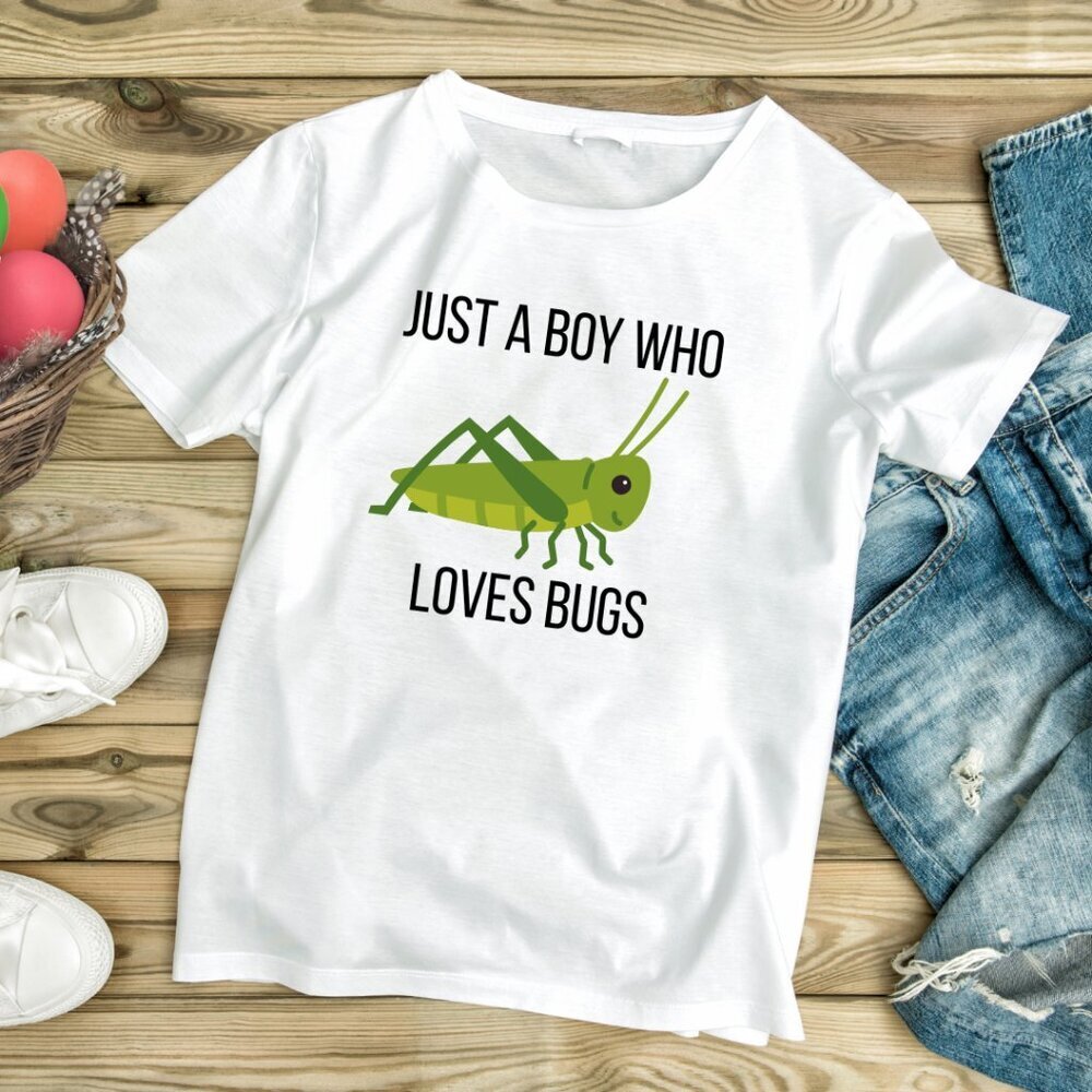 Handmade NWT Just a Boy Who Loves Bugs | Kids White Graphic Tee (XS-XL)
